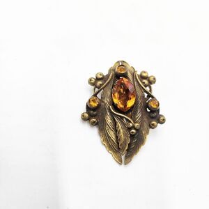 Vintage Art Nouveau Dress Fur Clip Orange Glass Brass Relief Vines Berries 1920s
